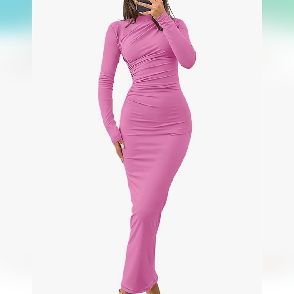 Elegant Bubble Gum Pink Long Sleeve Dress Same Dress Different Color